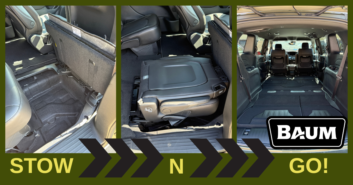 Stow N Go seating in a Chrysler Pacifica Minivan showing seats in all positions.
