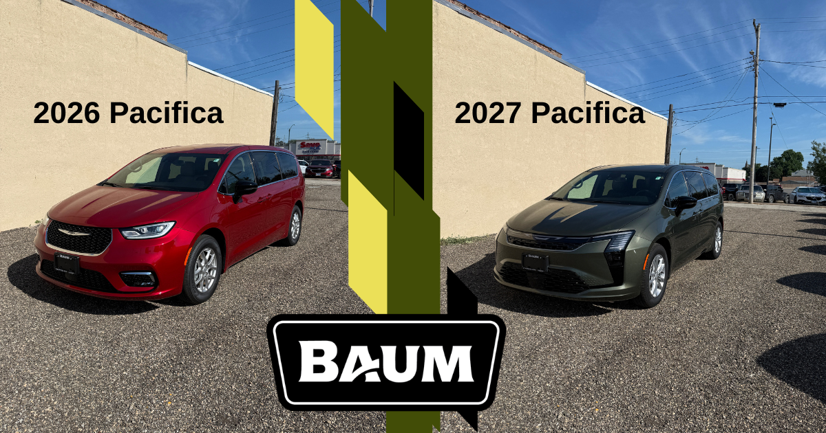 Comparison of exterior, 2026 vs. 2027 Chrysler Pacifica, displayed in Clinton, IL at Baum Chrysler Jeep.